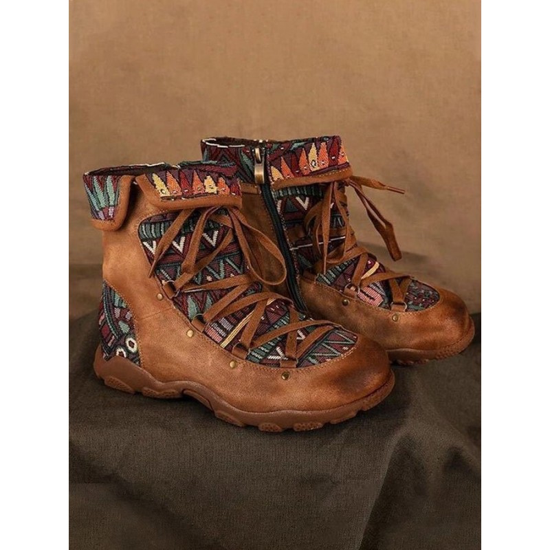 Retro Stitching Lace-Up Zipper Ankle Boots