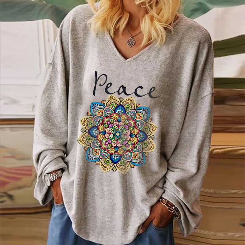 Peace Mandala Printed V-neck Women's T-shirt