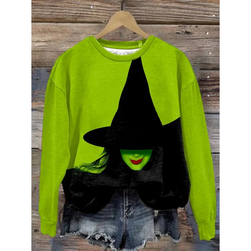 Halloween Witch Print Round Neck Sweatshirt