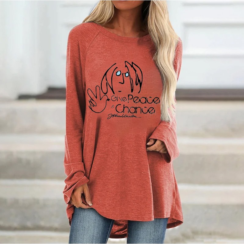 Give Peace A Chance Print Long Sleeve Women's T-sh...