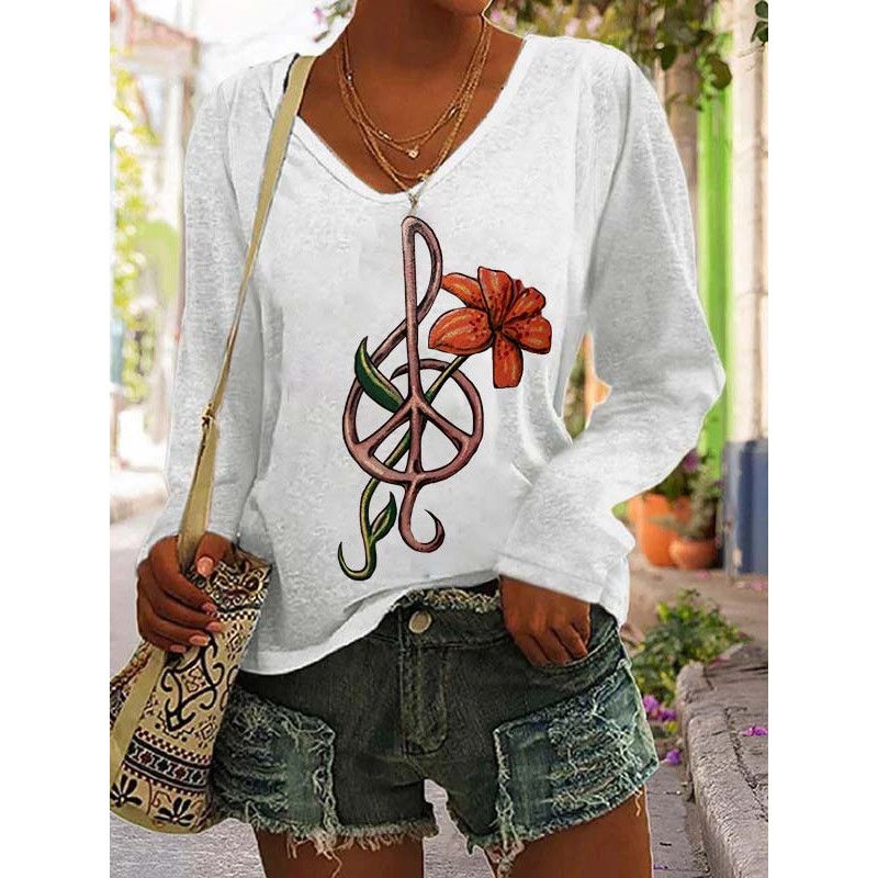 Floral Music Notes Printed Women's V-neck T-shirt