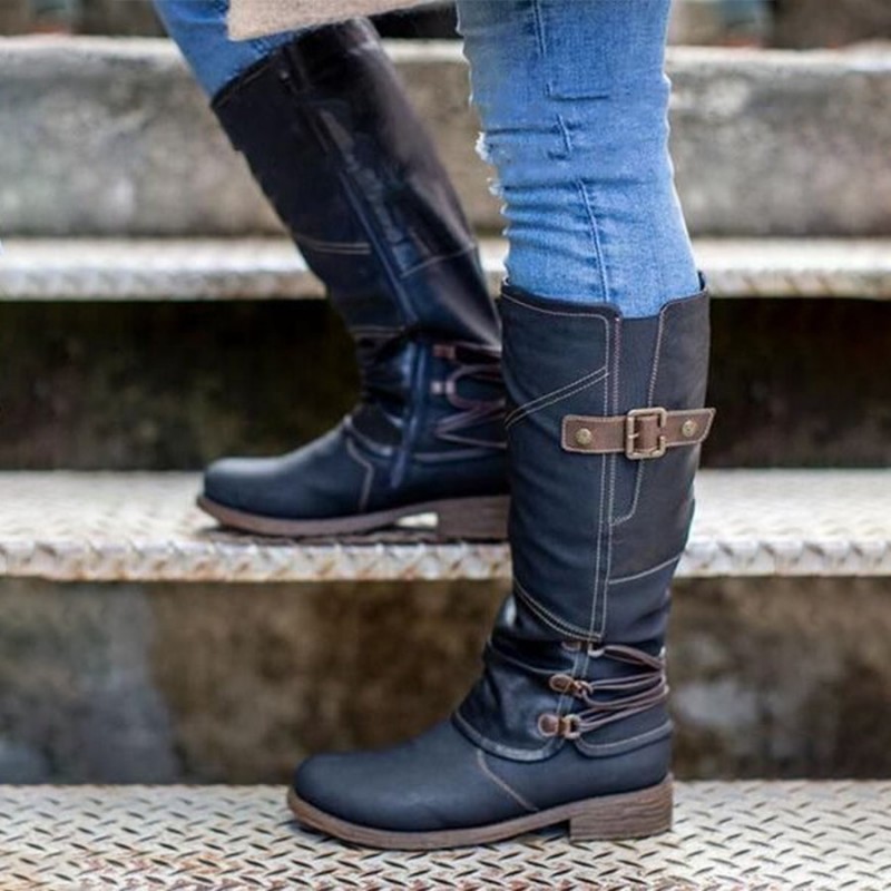 Women's Western Round Toe Square Heel Buckle Knigh...