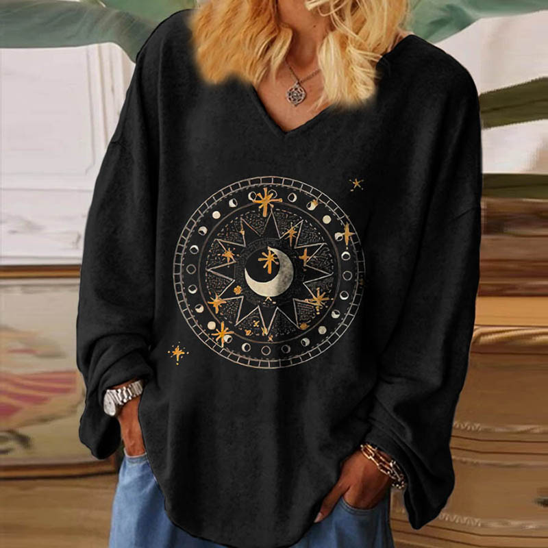 Circle Sun And Moon Printed Women's Black Long-sle...