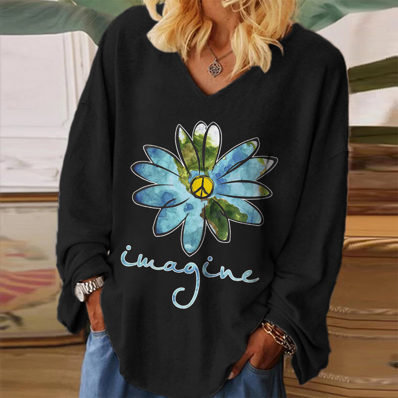 Flower Printed Casual Long Sleeve Women's T-shirt