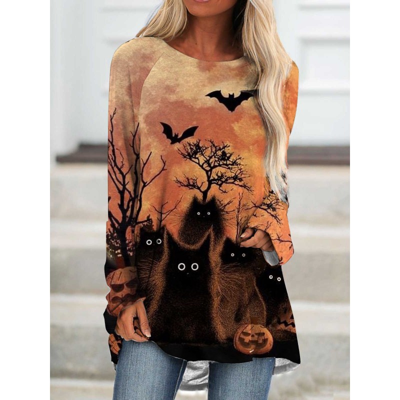 Halloween Black Cat Printed Long Sleeve T-shirt